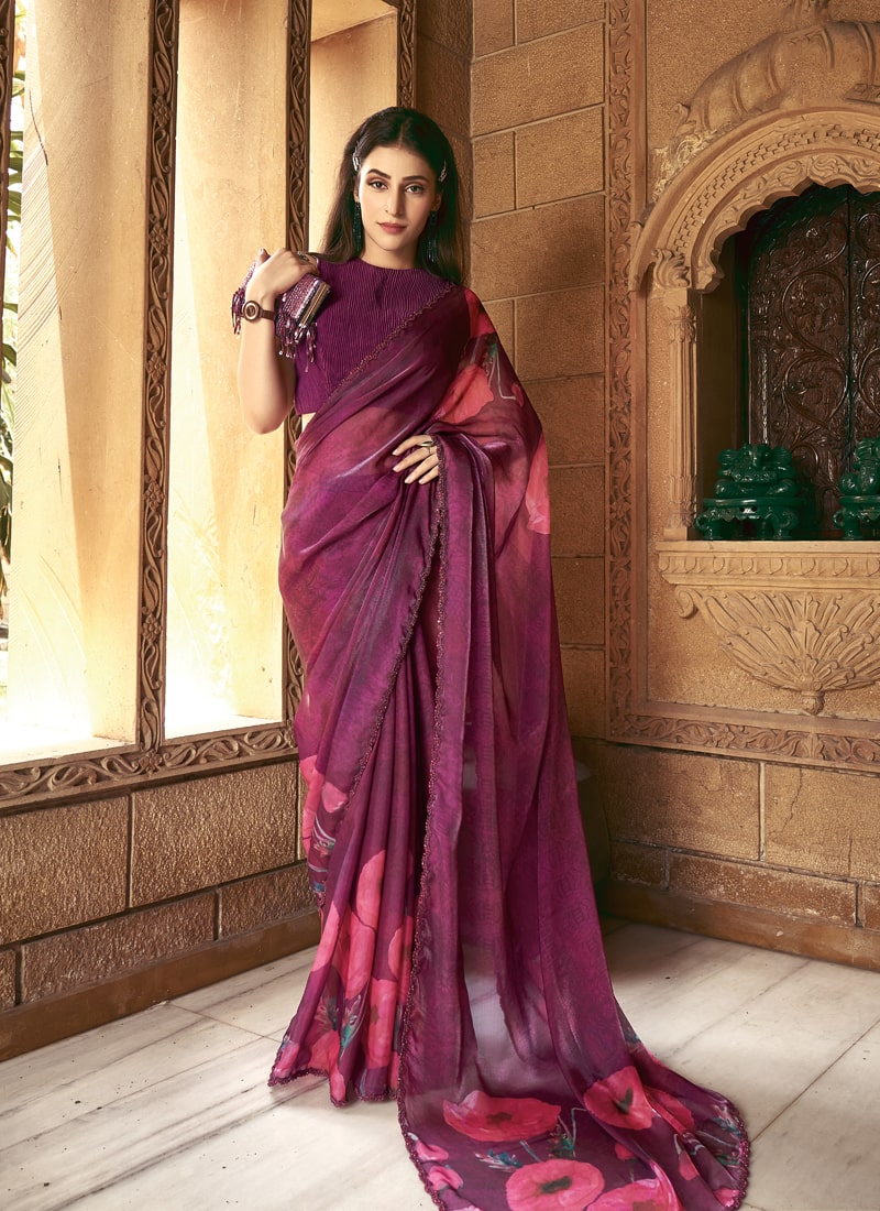 Stunning Petals Maroon Party Wear Saree with Thread and Stone Work